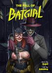  1boy 1girl adoohay arms_behind_back artist_name batgirl batman_(series) belt black_cape bound bound_arms breasts brown_gloves brown_headwear cape comic_cover cum dc_comics english_text facial gloves glowing glowing_eyes grey_jacket grin gun handgun highres holding holding_gun holding_weapon jacket joker_(dc) large_breasts lipstick makeup mask nipples pointing pointing_at_another pointy_ears rape rope shirt smile tears teeth torn_clothes torn_shirt two-tone_cape weapon yellow_belt yellow_cape 