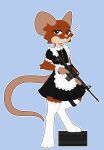 ambiguous_gender anthro apron blue_background brown_body brown_eyes brown_fur buckteeth clothed clothing countershading cuffs_(clothing) digital_media_(artwork) dignotion eyebrows footwear fully_clothed fur gun hi_res holding_object holding_weapon konno_(miwauturu) legwear maid_uniform mammal mouse murid murine raised_eyebrows ranged_weapon rodent simple_background smug_face socks solo standing teeth thigh_highs trigger_discipline uniform weapon white_clothing white_footwear white_socks
