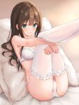  1girl absurdres black_hair blush bra breasts brown_hair ca_paria frilled_thighhighs frills green_eyes highres hugging_own_legs idolmaster idolmaster_cinderella_girls legs_up long_hair looking_at_viewer medium_breasts on_bed pantyhose pillow shibuya_rin smile solo thighhighs underwear underwear_only white_bra white_pantyhose white_thighhighs 