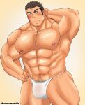  1boy abs absurdres alternate_costume arm_hair averting_eyes bara blush briefs bulge chest_hair cowboy_shot cross_scar fundoshi hairy highres houzouin_oniwaka japanese_clothes konnezuwrestle large_pectorals leg_hair long_sideburns male_focus male_underwear mature_male muscular muscular_male navel navel_hair nipples pectorals scar scar_on_face scar_on_forehead see-through short_hair shy sideburns solo stomach strongman_waist textless_version thick_eyebrows tokyo_afterschool_summoners topless_male underwear wet wet_clothes wet_fundoshi 