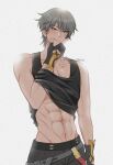  1boy :p abs black_gloves black_tank_top caelus_(honkai:_star_rail) chuu_little english_commentary fingerless_gloves freckles gloves grey_hair hand_on_own_chin highres honkai:_star_rail honkai_(series) male_focus muscular muscular_male navel short_hair simple_background solo tank_top tongue tongue_out trailblazer_(honkai:_star_rail) twitter upper_body white_background yellow_eyes 