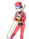  1boy :d alternate_hair_color band_uniform buttons closers collared_jacket double-breasted feet_out_of_frame gloves green_eyes hand_up hat high_collar highres holding holding_instrument holding_trombone instrument jacket leaning_forward legs_apart long_sleeves looking_at_viewer looking_to_the_side male_focus marching_band mistilteinn_(closers) official_art pants purple_hair red_headwear red_jacket red_pants shako_cap short_hair single_vertical_stripe smile solo standing teeth trombone uniform upper_teeth_only white_background white_gloves 