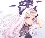  1girl absurdres ahoge black_dress black_horns blue_archive blush breasts demon_horns dress halo highres hina_(blue_archive) horns long_hair multiple_horns open_mouth purple_eyes ricke_2002 short_sleeves small_breasts solo upper_body white_hair 