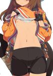  1girl anchor ass_visible_through_thighs bike_shorts black_gloves breasts brown_hair closed_mouth commentary_request fingerless_gloves gloves guilty_gear guilty_gear_strive head_out_of_frame highres jacket jacket_lift lifted_by_self long_hair may_(guilty_gear) morisobo navel nipples orange_jacket simple_background small_breasts solo sweat white_background 
