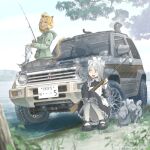  2girls :d animal_ears apron black_dress black_footwear blonde_hair car cat_ears cat_girl cat_tail closed_eyes dog dress fish fishing_rod grass green_jacket grey_pants gun holding holding_fishing_rod holding_gun holding_weapon jacket jettoburikku license_plate long_hair long_sleeves looking_at_another looking_to_the_side maid maid_apron mary_janes mitsubishi_motors mitsubishi_pajero motor_vehicle multiple_girls on_vehicle open_mouth original outdoors pants rabbit shoes short_hair sitting smile sports_utility_vehicle tail teeth upper_teeth_only weapon white_hair 