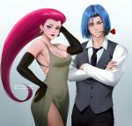  1boy 1girl absurdres black_gloves blue_eyes blue_hair crossed_arms dress flower gloves green_dress green_eyes grey_suit highres james_(pokemon) jessie_(pokemon) jyundee necktie pokemon pokemon_(anime) red_flower red_hair red_rose rose suit team_rocket white_background 