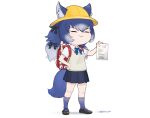  1girl absurdres animal_ears backpack bag beleven blue_hair bow bowtie cardigan dire_wolf_(kemono_friends) extra_ears hat highres kemono_friends kemono_friends_v_project long_hair randoseru ribbon shirt shoes simple_background skirt socks solo tail twintails virtual_youtuber wolf_ears wolf_girl wolf_tail 