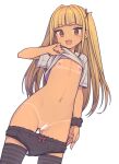  1girl ass_visible_through_thighs bar_censor bikini_tan black_panties black_scrunchie black_thighhighs blonde_hair blunt_bangs censored clothes_lift commentary cowboy_shot dot_nose everyntrge flat_chest highres lifted_by_self light_blush long_hair looking_at_viewer navel nipples open_mouth orange_eyes original panties panty_pull pussy scrunchie shirt shirt_lift short_sleeves sidelocks simple_background solo standing stomach t-shirt tan tanlines thighhighs underwear white_background white_shirt wrist_scrunchie 