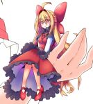  1girl ahoge alice_margatroid alternate_costume blonde_hair blush bow commentary doll dondyuruma dress frilled_dress frills hair_bow high_heels hourai_doll long_hair long_sleeves looking_at_viewer red_bow red_dress red_eyes red_footwear sitting sitting_on_hand solo touhou very_long_hair 
