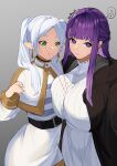  2girls ? ?? absurdres belt black_belt black_robe breast_envy breast_press capelet dangle_earrings dress drop_earrings earrings elf fern_(sousou_no_frieren) frieren gradient_background green_eyes grey_background grey_hair highres jewelry looking_at_breasts multiple_girls nyahpa20 pointy_ears purple_eyes purple_hair robe shirt skirt sousou_no_frieren spoken_question_mark striped_clothes striped_shirt twintails white_capelet white_dress white_skirt 