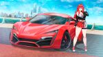  1girl bikini black_sweater blue_eyes breasts car cleavage collarbone cowlick cropped_shirt dubai furious_7 go-toubun_no_hanayome hair_ornament highres imrinzlergtz_art large_breasts looking_at_viewer motor_vehicle nakano_itsuki navel off_shoulder red_bikini red_hair shirt shorts shorts_under_skirt solo sports_car star_(symbol) star_hair_ornament sweater swimsuit the_fast_and_the_furious thigh_strap v vehicle_focus w_motors w_motors_lykan_hypersport white_shirt white_shorts 