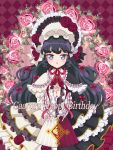 1girl :o argyle argyle_background black_hair blue_eyes bonnet capelet character_name commentary_request cowboy_shot dress floral_background flower frilled_capelet frilled_dress frilled_sleeves frills gaaruru_(pripara) happy_birthday highres interlocked_fingers kikuta_michiyo lolita_fashion long_hair long_sleeves looking_at_viewer open_mouth own_hands_together pretty_series pripara purple_background purple_flower purple_rose red_flower red_ribbon red_rose ribbon rose sidelocks solo standing very_long_hair wide_sleeves 