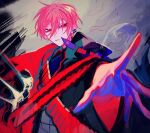  1boy black_jacket borrowed_character closed_mouth foreshortening grey_pants hair_between_eyes himanemuitoma jacket jiro_nito narrowed_eyes nitro_(vocaloid) original pants red_eyes red_hair short_hair solo tagme vocaloid 