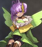  1girl antenna_hair bare_shoulders black_shorts boots breasts brown_gloves detached_collar dress fairy fairy_wings fate/grand_order fate_(series) gloves green_dress green_wings hair_ribbon long_sleeves looking_at_viewer murian_(fate) ovolo123 purple_eyes purple_hair ribbon short_hair shorts small_breasts smile solo thighhighs twitter_username wings yellow_ribbon 