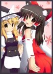  2girls animal_ear_fluff animal_ears apron black_hair black_vest blonde_hair blush bow braid cat_ears closed_mouth commentary_request detached_sleeves frilled_bow frilled_hair_tubes frills hair_bow hair_tubes hakurei_reimu hat hat_bow kirisame_marisa long_hair looking_at_viewer multiple_girls open_mouth puffy_short_sleeves puffy_sleeves red_bow red_eyes red_skirt ribbon-trimmed_sleeves ribbon_trim short_sleeves side_braid single_braid skirt skirt_set smile touhou vest waist_apron white_bow witch_hat yellow_eyes yuu_hitoshi 