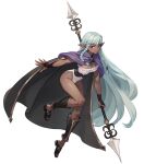  1girl aqua_hair bare_legs braid breasts cleavage cloak dark-skinned_female dark_elf dark_skin elf full_body hair_intakes highres large_breasts leotard long_hair noma_takafumi official_art pointy_ears purple_cloak red_eyes rosalinde_(unicorn_overlord) smile third-party_source unicorn_overlord very_dark_skin very_long_hair 