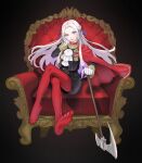  1girl ascot axe black_background cape commentary_request crossed_legs edelgard_von_hresvelg fire_emblem fire_emblem:_three_houses forehead garreg_mach_monastery_uniform gloves hair_ribbon head_rest highres holding holding_axe holding_weapon iipzeyjhms0dohl long_hair looking_at_viewer no_shoes pantyhose purple_eyes purple_ribbon red_cape red_pantyhose ribbon simple_background sitting solo throne weapon white_ascot white_gloves white_hair 