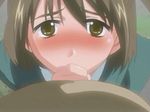  animated animated_gif blush brown_hair cum cum_in_mouth fellatio haneoka_miku oral pov school_uniform shintaisou short_hair smile twintails 