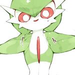  bob_cut colored_skin flat_chest forced_smile gardevoir green_hair highres multicolored_skin open_mouth pink_eyes pokemon pokemon_(creature) simple_background squeezing sweatdrop two-tone_skin white_background white_skin youjo_modoki 