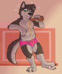 5:6 anthro biped black_nose blep boxer_briefs boxer_briefs_only brown_ears brown_hair bulge claws clothed clothing colored_seam_underwear cute_fangs detailed_bulge fur gaokun green_eyes hair hi_res looking_at_viewer male monotone_ears monotone_hair multicolored_body multicolored_fur pawpads pink_clothing pink_pawpads pink_underwear pouring_onto_self tipsy toe_claws tongue tongue_out topless two_tone_body two_tone_fur two_tone_tail underwear underwear_only watermark white_inner_ear white_seam_underwear