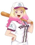  1girl absurdres baseball_bat baseball_cap baseball_uniform blonde_hair braid clothes_writing cowboy_shot curetortellini flower gradient_hair hair_flower hair_ornament hair_ribbon hand_on_own_hip hand_up hat highres holding holding_baseball_bat long_hair looking_at_viewer love_live! love_live!_superstar!! multicolored_hair onitsuka_natsumi open_mouth pink_hair ribbon shirt short_sleeves simple_background smile solo sportswear standing t-shirt twin_braids two-tone_hair white_shirt 