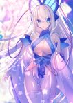  1girl alternate_costume antenna_hair azure_striker_gunvolt bare_hips bare_shoulders blonde_hair blue_eyes blue_sash blurry blurry_background breasts cherry_blossoms cleavage cowboy_shot detached_sleeves dress falling_petals floral_print halter_dress halterneck highres large_breasts lololotton long_hair long_sleeves looking_at_viewer lotus_print lumen_(gunvolt) multicolored_hair petals pink_hair print_sash revealing_clothes sash solo thighhighs very_long_hair white_dress white_sleeves white_thighhighs wide_sleeves 