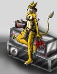  anthro blue_eyes breasts brown_hair brown_nose claws eyelashes female fur hair lombax looking_at_viewer ratchet_and_clank snowfyre solo toe_claws toes tongue tuft two_toes weapon yellow_fur 