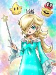  1boy 1girl :d blonde_hair blue_dress brooch cappy_(mario) crown dress earrings eyelashes facial_hair hair_over_one_eye highres holding holding_wand jewelry kicdon long_bangs long_hair long_sleeves looking_at_viewer luma_(mario) mario mario_(series) mustache open_mouth purple_nails red_hat rosalina smile star_(symbol) star_brooch star_earrings super_mario_galaxy super_mario_odyssey wand 