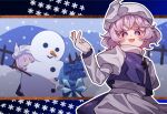  1girl 2girls :d apron blue_bow blue_dress blue_hair bow cirno dress hair_bow hat ice ice_wings juliet_sleeves lapel_pin letty_whiterock long_sleeves looking_at_viewer multiple_girls open_mouth puffy_sleeves purple_eyes short_hair smile snow snowflakes snowing snowman solo solo_focus tojorin touhou touhou_lost_branch_of_legend white_apron wings yuki_onna 