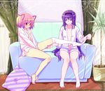  akemi_homura barefoot black_hair blush breasts couch dress_shirt hair_ribbon hairband kaname_madoka long_hair mahou_shoujo_madoka_magica multiple_girls naked_shirt outstretched_leg panties panties_around_one_leg pillow pink_hair plant potted_plant purple_eyes red_eyes ribbon shirt short_hair single_thighhigh sitting small_breasts smile sock_pull socks tama_two_(fukuya) thighhighs thighhighs_pull thighhighs_removed twintails underwear white_legwear white_panties yuri 