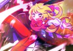  1girl alternate_costume blonde_hair dress fang flandre_scarlet medium_hair open_mouth puffy_sleeves red_dress red_eyes red_ribbon ribbon side_ponytail skin_fang solo tasotasoyan00 touhou 