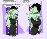 absurd_res afro anthro big_butt breasts butt clothed clothing dress elephant elephantid embarrassed english_text female green_body hi_res hollow_hip_dress kiyana_(marcodile) mammal marcodile proboscidean text wide_hips