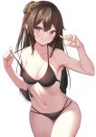  1girl azur_promilia bare_shoulders black_bra black_panties blush bra breasts brown_hair cleavage closed_mouth collarbone hair_intakes hair_ornament han_youyou_(azur_promilia) hands_up highres koko_sokodoko long_hair looking_at_viewer medium_breasts navel panties purple_eyes simple_background smile solo stomach underwear white_background 