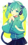  animal_ears aqua_eyes aqua_hair cat_ears cat_tail ene_(kagerou_project) headphones jacket kagerou_project long_hair me_(1005646017) skirt solo tail track_jacket twintails 