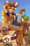  1girl bandana_around_neck belt belt_buckle blonde_hair breasts brown_vest buckle chaps character_doll cleavage cowboy_hat cowgirl_(western) cowgirl_peach earrings fake_horns fence hat hoop_earrings horned_headwear horns jewelry lasso looking_at_viewer mario_(series) momo-deary no_bra open_clothes open_shirt princess_peach princess_peach:_showtime! sitting smile solo stick_horse unbuttoned vest wooden_fence yoshi 
