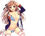  1girl blush bra brown_hair highthighs navel open_clothes original panties plain_background simple_background smile solo source_request stomach thighhighs unbuttoned underwear undressing wardrobe_malfunction wide_hips yuuki_hagure 