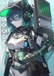  1girl abs android baseball_cap black-framed_eyewear black_hat blue_eyes blue_hair breasts closed_mouth commentary_request eyebrows_hidden_by_hair glasses glowing hair_between_eyes hand_on_own_hip hat headgear headphones highres long_hair looking_at_viewer mecha_musume medium_breasts natori_youkai original puffy_short_sleeves puffy_sleeves shirt short_sleeves solo very_long_hair white_shirt 