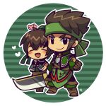 2boys black_eyes black_gloves blush boots border brown_footwear brown_hair chinese_clothes clenched_hand closed_eyes closed_mouth fingerless_gloves full_body gloves greatsword green_background green_headband green_shirt guan_ping guan_suo headband heart holding holding_sword holding_weapon kotorai looking_at_viewer male_focus multiple_boys no_nose open_mouth outline own_hands_clasped own_hands_together round_border round_image shin_sangoku_musou shirt signature smile standing striped_background sword weapon white_border white_outline 
