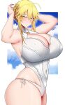  1girl absurdres ahoge arind_yudha armpits arms_up artoria_pendragon_(fate) artoria_pendragon_(swimsuit_ruler)_(fate) artoria_pendragon_(swimsuit_ruler)_(second_ascension)_(fate) blonde_hair blush braid breasts cleavage cleavage_cutout clothing_cutout covered_navel fate/grand_order fate_(series) french_braid green_eyes hair_between_eyes highres huge_breasts jewelry large_breasts looking_at_viewer navel necklace one-piece_swimsuit sidelocks skindentation solo swimsuit thick_thighs thighs white_one-piece_swimsuit 