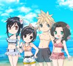  1boy 3girls aerith_gainsborough aerith_gainsborough_(pink_mermaid) beach bikini blue_eyes breasts brown_eyes cleavage closed_mouth cloud_strife cloud_strife_(wild_surf) final_fantasy final_fantasy_vii final_fantasy_vii_rebirth final_fantasy_vii_remake flower frilled_skirt frills green_eyes hair_flower hair_ornament hair_ribbon large_breasts medium_breasts multiple_girls open_mouth ribbon short_shorts shorts skirt small_breasts smile spiked_hair swimsuit tifa_lockhart tifa_lockhart_(shining_spirit) tifa_redeye water yuffie_kisaragi yuffie_kisaragi_(summer_orange) 