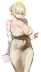  1girl ahoge alternate_costume armpit_crease blonde_hair blush breasts cleavage collarbone covered_navel dress elegg_(nikke) fur_jacket goddess_of_victory:_nikke hair_bun hair_intakes hair_over_one_eye highres huge_breasts jacket light_brown_hair looking_at_viewer multicolored_hair one_eye_covered pinkmill simple_background single_bare_shoulder single_side_bun skindentation smile solo streaked_hair taut_clothes taut_dress two-tone_hair white_background 