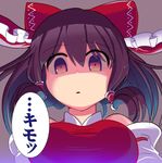  amisu brown_eyes brown_hair from_below hair_ribbon hair_tubes hakurei_reimu looking_at_viewer neon_genesis_evangelion ribbon shaded_face solo touhou translated 