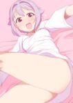  1girl bed_sheet blurry blush brown_eyes depth_of_field hair_flaps hair_intakes idolmaster idolmaster_cinderella_girls idolmaster_cinderella_girls_starlight_stage koshimizu_sachiko leg_up long_sleeves looking_at_viewer lying on_back on_bed open_mouth purple_hair sakaki_imasato shirt short_hair shy smile solo sweatdrop white_shirt 