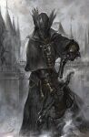  1other absurdres ambiguous_gender black_capelet black_coat black_hat bloodborne building capelet coat commentary grey_sky gun handgun hat highres holding holding_weapon hunter_(bloodborne) junjiuk mask mouth_mask outdoors saw saw_cleaver signature sky smoke tricorne weapon 