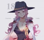  1girl aged_down black_hat breasts character_name charlotte_linlin cleavage coat collared_coat commentary_request cowboy_shot earrings epaulettes fish191101756 hat jewelry looking_at_viewer low_twintails necklace one_piece pink_hair puffy_sleeves sidelocks smile solo twintails white_coat 