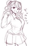  asymmetrical_hair bianco_(mapolo) breasts cardigan contrapposto fang galko large_breasts long_hair nail_polish one_side_up open_mouth oshiete!_galko-chan school_uniform scrunchie side_bun sketch skirt solo standing taut_clothes 