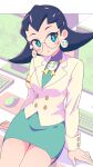  1girl armband blue_eyes blush buttoned_cuffs buttons deviantart_sample earrings glasses highres image_sample jewelry mega_man_(series) mega_man_legends_(series) mouse_(computer) office_lady robot round_eyewear shirt skull_earrings solo the_misadventures_of_tron_bonne tron_bonne_(mega_man) white_shirt yodok 