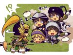  !? &gt;_&lt; 5boys ^_^ baozi blonde_hair border calligraphy_brush chibi chibi_only clone closed_eyes facial_hair food goatee_stubble green_background grey_eyes helmet holding holding_polearm holding_weapon kotorai looking_at_another looking_back ma_chao ma_dai multiple_boys open_mouth oversized_object paintbrush polearm ponytail shaded_face shin_sangoku_musou sidelocks signature standing stubble sweatdrop triangle_mouth waving weapon white_border 