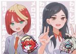  2girls :d ahoge black_hair blonde_hair brown_eyes collared_shirt commentary_request eri_(pokemon) eyelashes freckles green_eyes grey_jacket hands_up jacket long_hair mela_(pokemon) mizuiro123 multicolored_hair multiple_girls necktie open_mouth orange_necktie pokemon pokemon_sv red_hair shirt smile team_star teeth two-tone_hair upper_body upper_teeth_only 