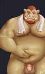  amber_eyes balls beard belly biceps bin boar chubby drooling facial_hair hair looking_at_viewer male mammal muscles overweight pecs penis porcine pubes red_hair saliva solo thick_penis towel tusks 